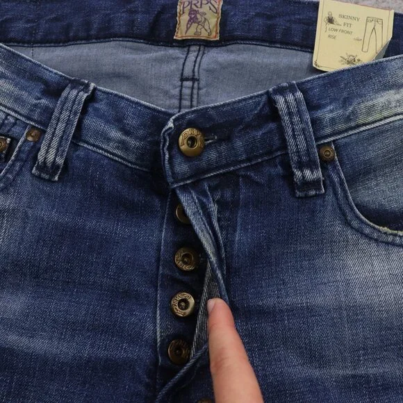 NWT PRPS Rambler Jeans Men 34 Blue Skinny Fit Low Front Rise Button Fly Distress